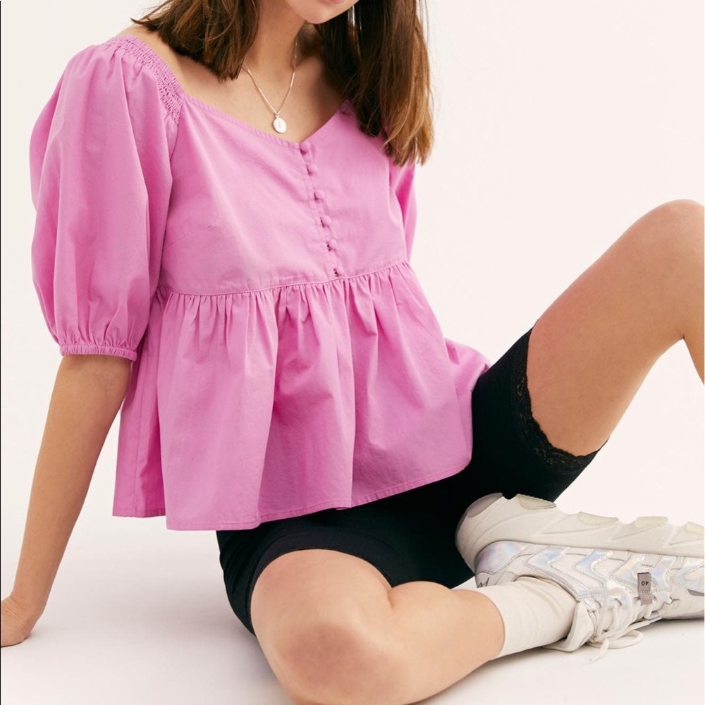 Free People Pink Off Shoulder Puff Sleeve Blouse
